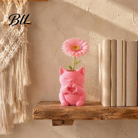 Creative Housewarming Presents 3D Printed Cat Vase, Cute Smiling with Heart?Hand Gesture Flower Holder, Desktop Decor Animal Shaped Decor,