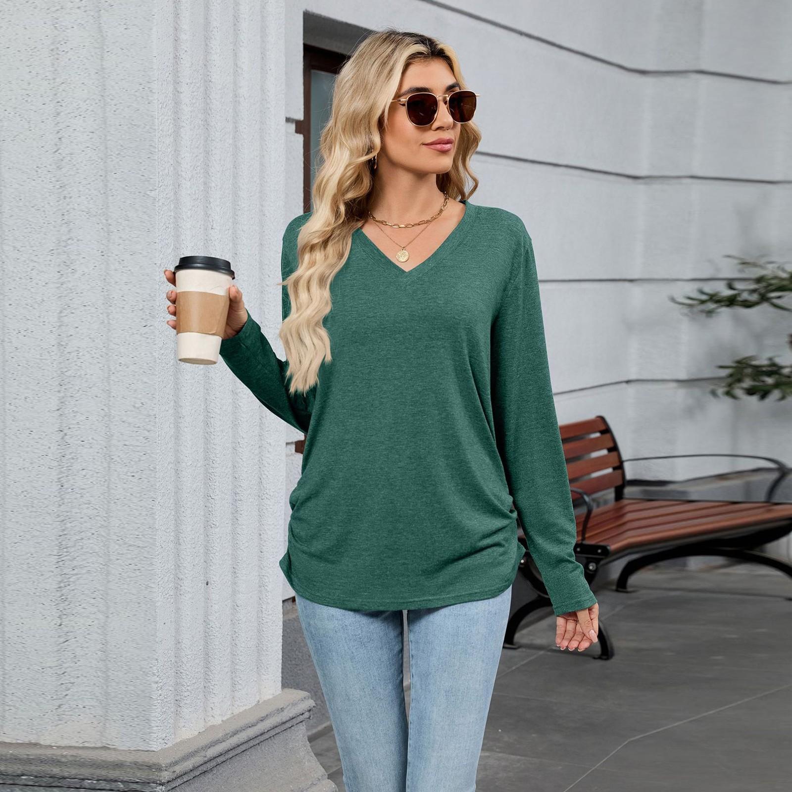 

T Shirts For Women Pleated V-Neck Dressy Casual Blouses Printing Short Sleeve Summer Tops Loose Fit L армія зелений колір