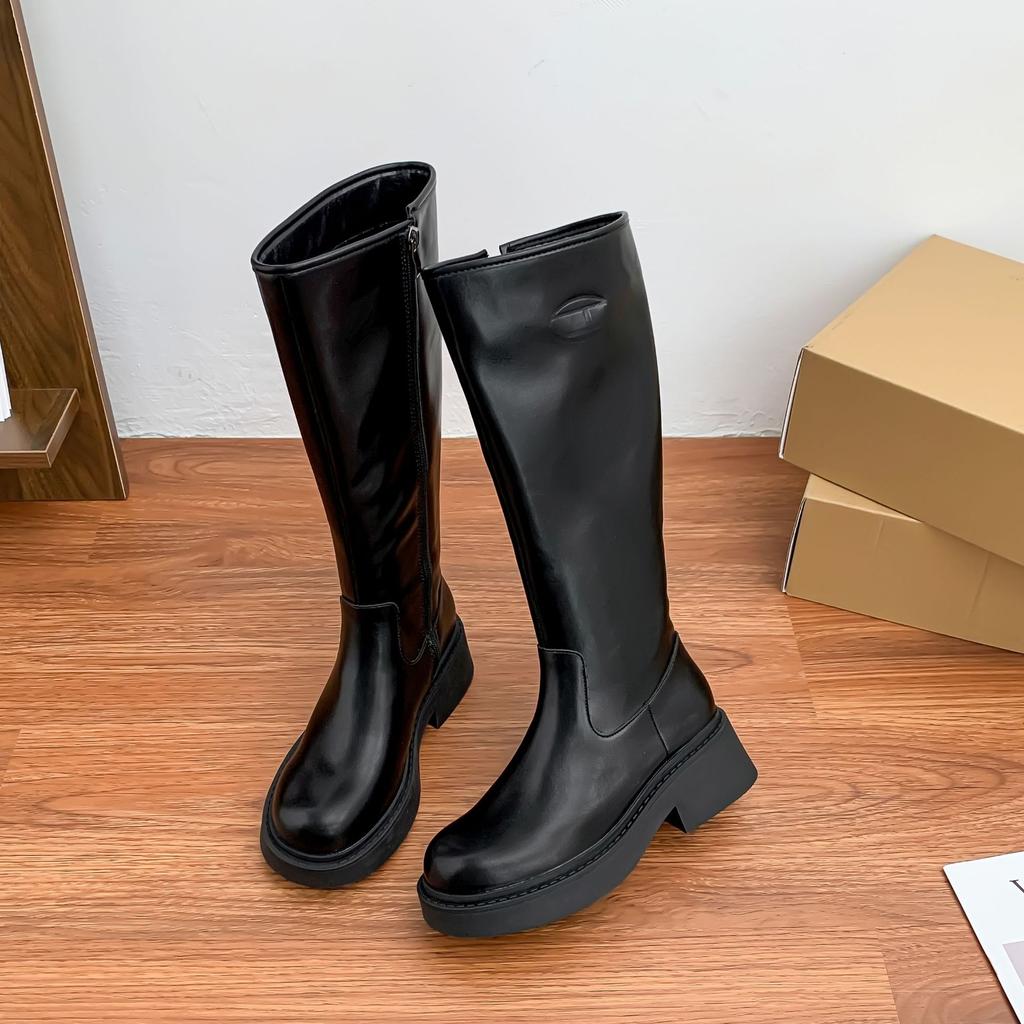 Long knight boots for women, high-end thick-soled women's boots, side zipper soft leather women's boots, British style boots for women