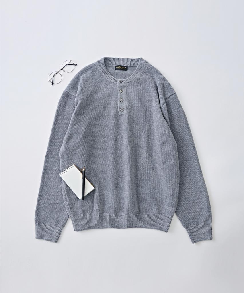 ANALOG MOOD Velour Refined Henley Neck Round Knit (Gray)