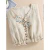 Women V-neck Short-sleeved Waist-hugging Thin Ramie Floral Cotton Linen Dress