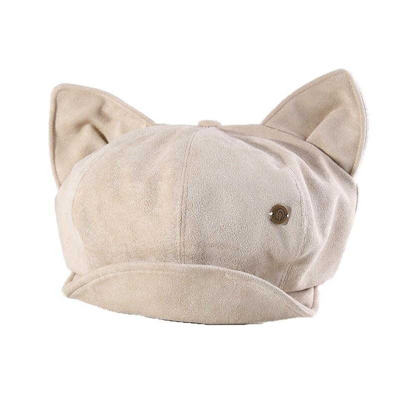 Korean Retro Suede Cat Ear Hat for Women Sweet and Cute Beret Autumn and Winter Face Showing Little Painter Octagonal Hat