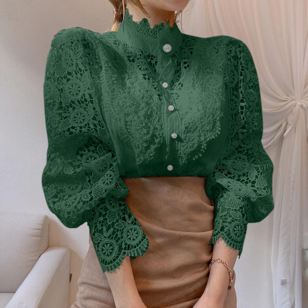 Frauen Stehkragen Spitze Patchwork Shirts Casual Aushöhlen Blume Blütenblatt Hülse Taste Tops Weiße Shirts für Frauen