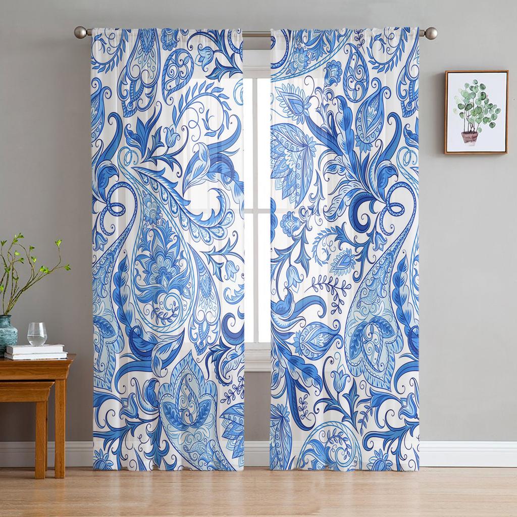 Indische Boho Paisley Textur Fensterbehandlung Tüll Moderne Transparente Vorhänge für Küche Wohnzimmer Schlafzimmer Vorhänge Dekoration
