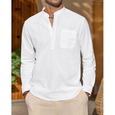 Baumwoll-Leinen-Hemden für Herren, Freizeithemd, leichtes Urlaubshemd, langärmelig, Henley-Kragen, Strandhemd, Hawaii-T-Shirt für Herren