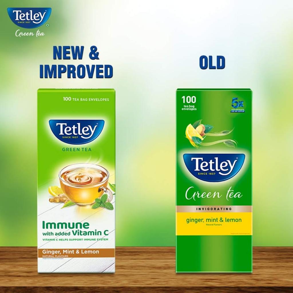 Tetley Green Tea Immune With Vitamin C Ginger Mint Lemon Flavor – 100 Teabags, Refreshing Herbal Blend, Supports Wellness And Hydration