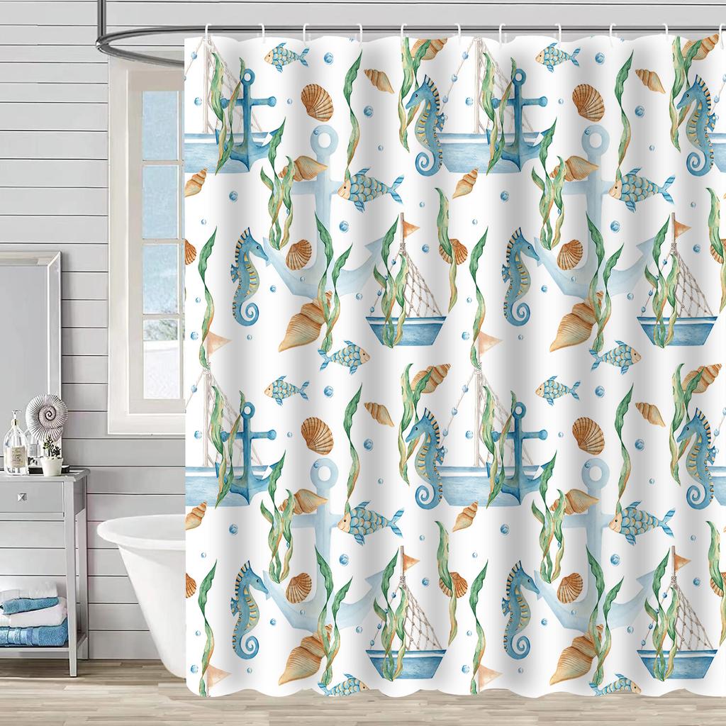Shower Curtain Waterproof And Mildew-Proof Digital Printing Starfish Shell Shower Curtain Bathroom Partition Curtain Free Punching