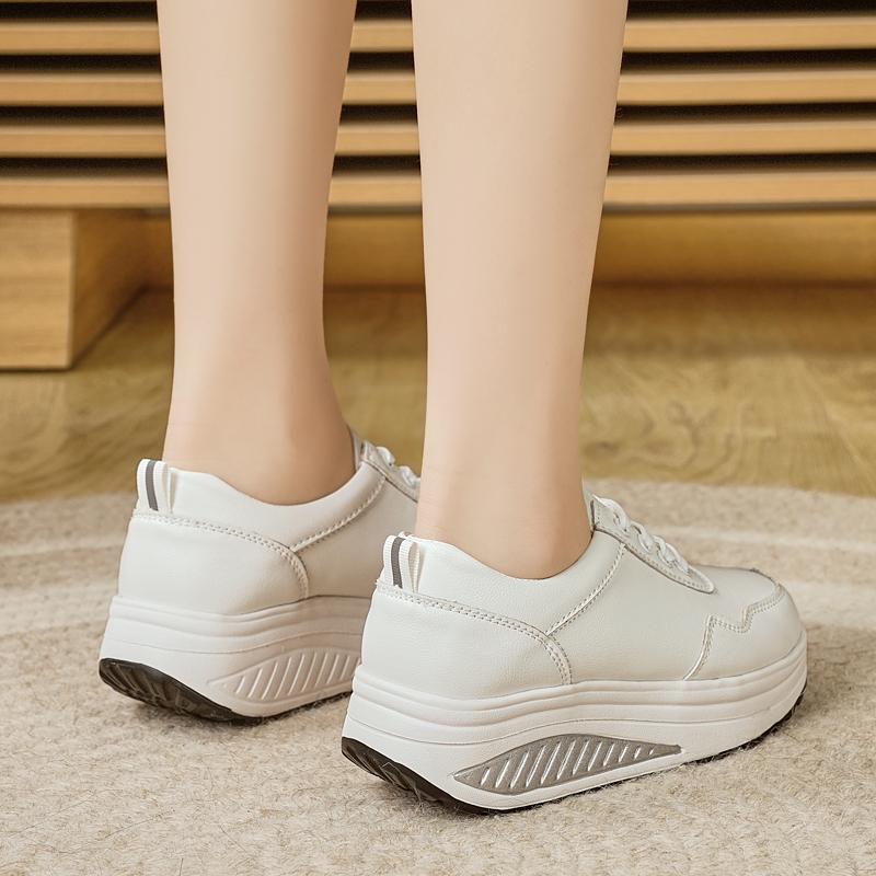 Women's Hole Sneakers Height Increase White Leather Platform Casual Summer Thick Sole Elevator Shake Shoes