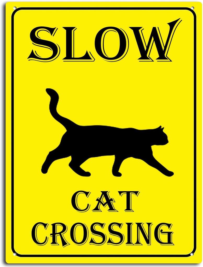 Slow Cat Crossing Sign Aluminum Black On Yellow Wall Decor for Home Cafes Office Store Pubs Club Indoor Outdoor Tin Sign