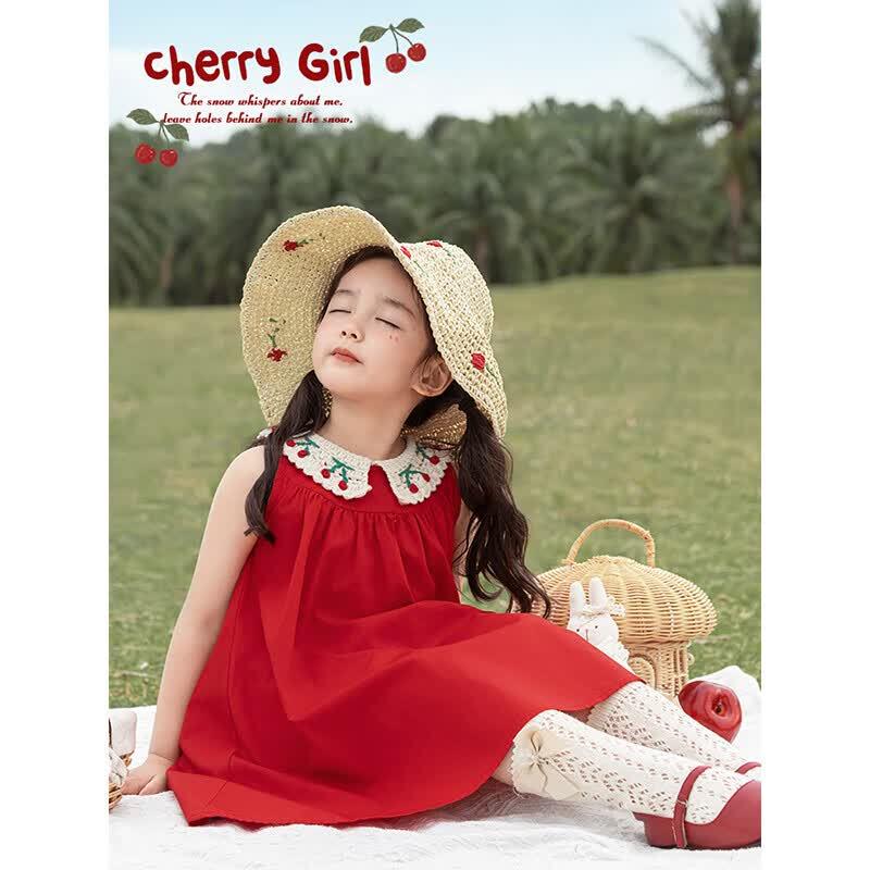 Girls Knitted Cherry Lapel A-Line Sundress 90cm