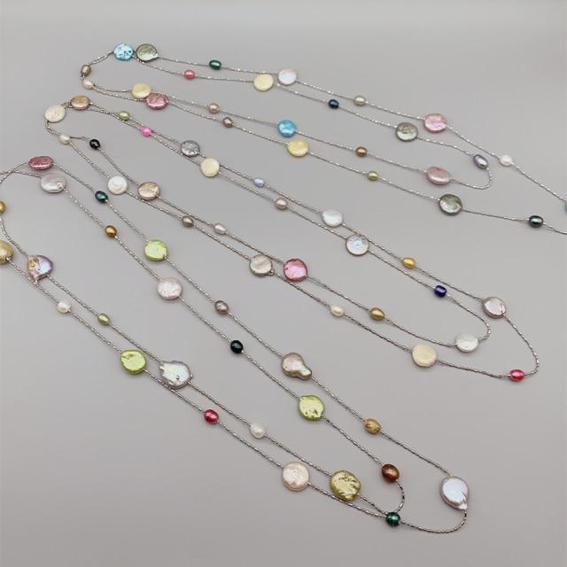 Freshwater Rice Pearls Coin Pearls Long Pendant Necklace Girls Floating Style Stainless Steel For Women Chain Classic Giveaway GiftClassic Necklaces