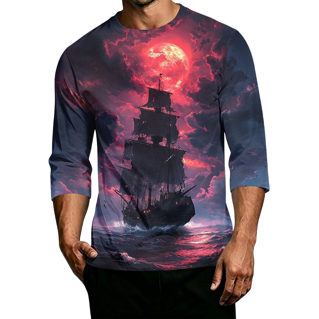 Men's Casual Halloween Pumpkin Print Crew Neck T-Shirt Three Quarter Sleeve Comfortable Fit Lightweight Fabric