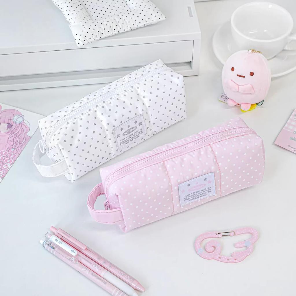 Korean Polka Dot Puffy Pencil Case with Handle Large Capacity Pencil Pouch Portable Storage Bag Makeup Bag Stationery Organizer
