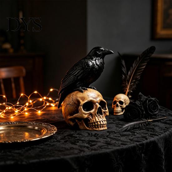 Creepy Gothic Accents Halloween Skull Figurine, Realistic Human Head Statue, Crow on Statue Sculpture for Home Tabletop Mantel Decor Decorations
