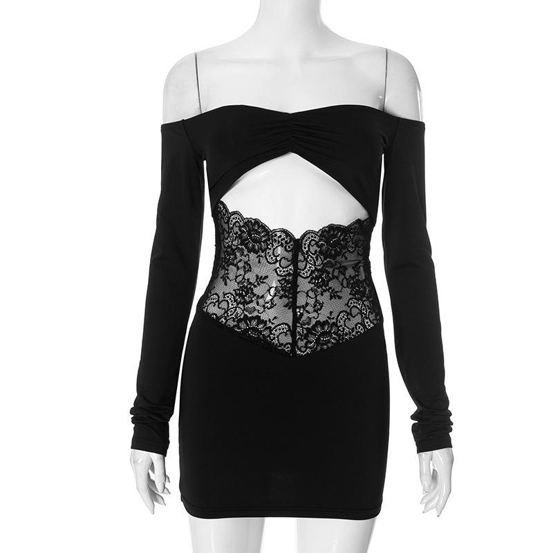 European Style One-Shoulder Lace Patchwork Bodycon Dress - 2025 Spring Collection L чёрный