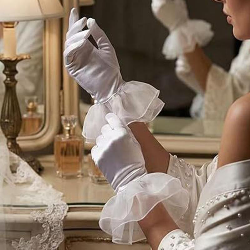 Satined Wedding Gloves with Ruffled Cuffs Design for Bride Wedding Ceremony Reception and Seasonal Occasion Handwear