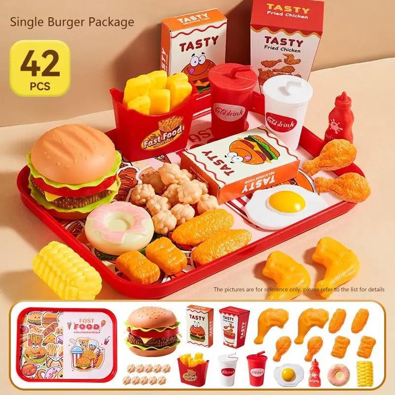 42Pcs Simulation Make Hamburger Fries Pretend Play Food Cooking Game Kid Kitchen Toy Set Montessori Interactive Prop Gift