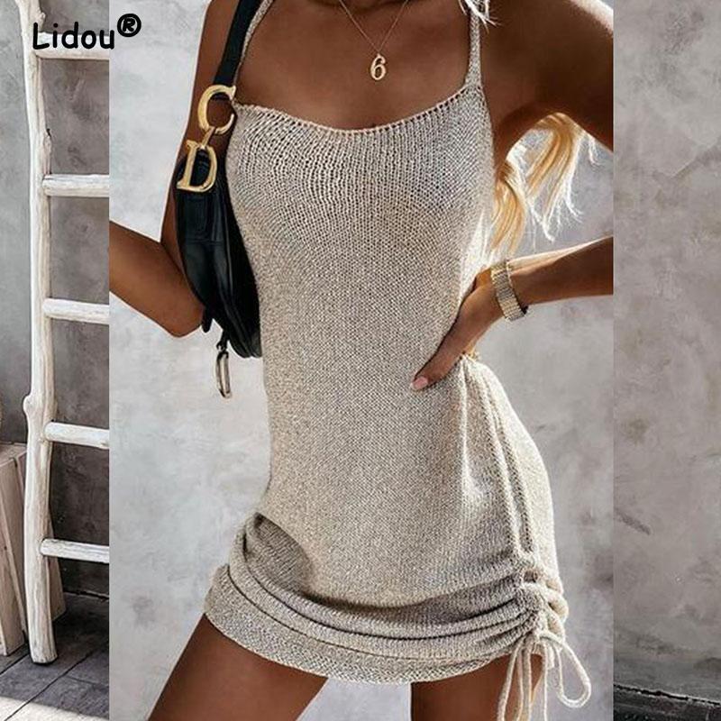Ärmelloses Träger Mini Kurzes Kleid Lässig Mode Rückenfrei Kordelzug Tiefer Kragen Einfarbig Sexy Frühling Sommer 2022 Neue Damenkleider