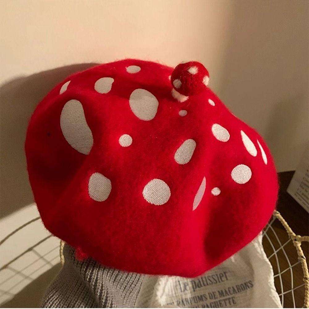 Woolen Mushroom Wool Beret Red Polka Dot Cute Painter Hat Retro Octagonal Hat Outdoor