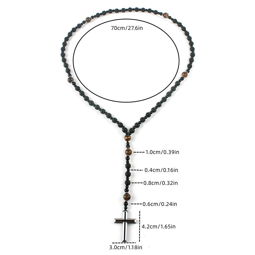Collana Religiosa da Uomo con Pietra Vulcanica Nera e Occhio di Tigre Giallo Croce