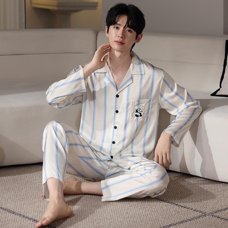 Ice Silk Pajamas Men'S Spring And Autumn Silk Summer Loungewear Long-Sleeved Men'S Striped Autumn Four-Season Large-Size Suit