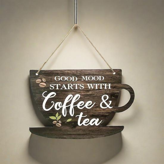 Wooden Coffee Cup Hanging Sign Good Mood Starts with Coffee Tea Door Plaque Kitchen Cafe Coffee Corner Wall Hanging Decoration Ornament