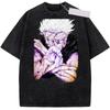 Jujutsu Kaisen Gojo Satoru Kampfhaltung Vintage Washed Anime T-Shirt, Unisex Dark Fantasy Anime Fan Streetwear Tee, 100% Baumwolle Lässig Kurzarm