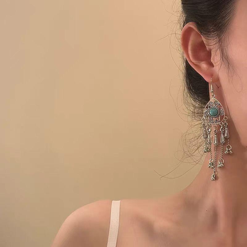 New Chinese style imitation turquoise ethnic style earrings women's niche fringed earrings fashionable versatile style earrings