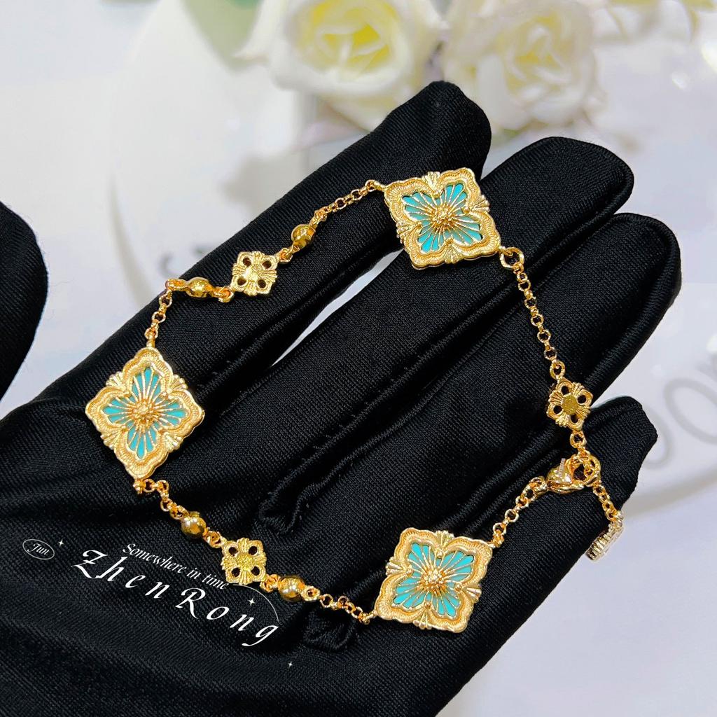 Italian Brushed Craftsmanship Retro Court Wind Tianhe Stone Set Four-Leaf Clover Bracelet Powder Agate Necklace Ring Ear