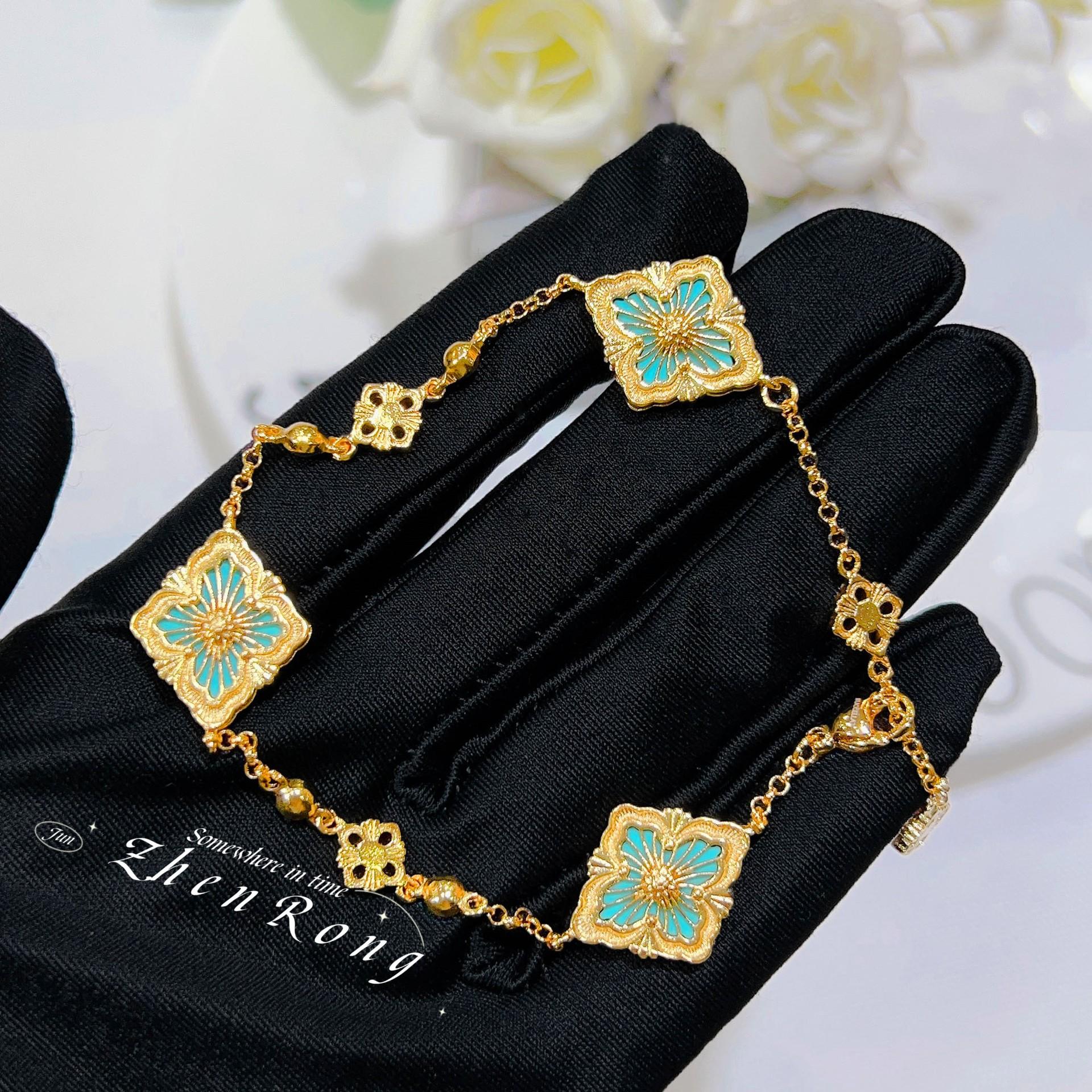 Italian Brushed Vintage Court Style Amazonite Jewelry Set Four Leaf Clover Bracelet Pink Onyx Necklace Ring Earrings