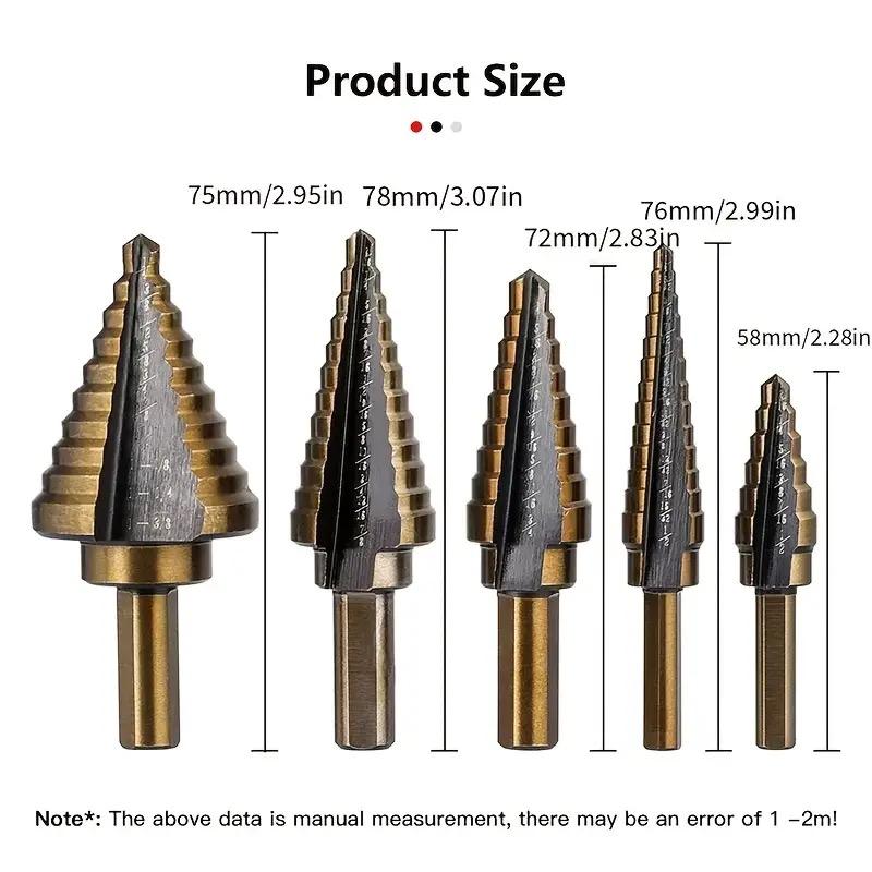 Carbon Steel Black Fillister Head Step Drill Bit Set, HSS Cobalt Titanium Conical Cone, Multiple Hole 50 Sizes 5pcs
