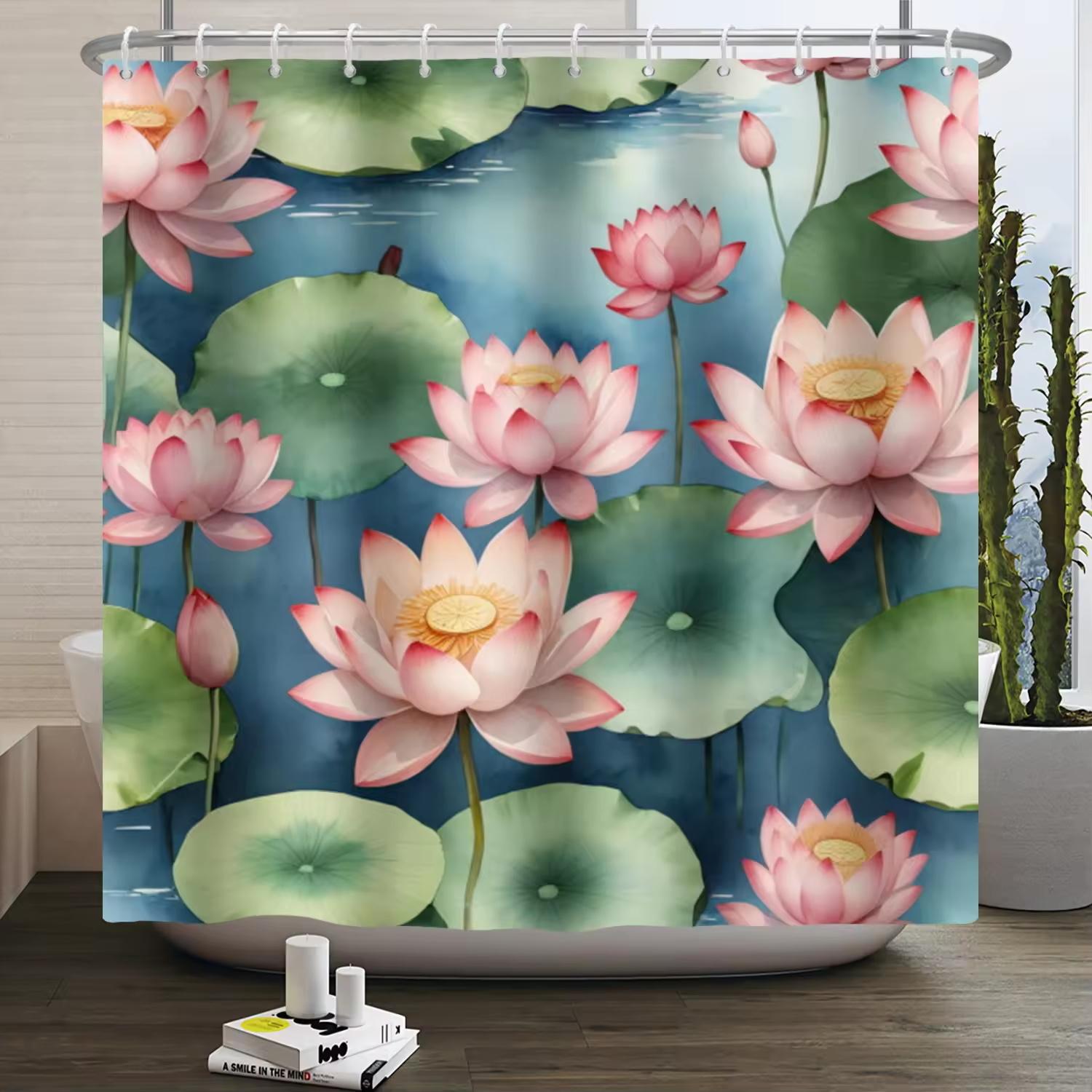 

Chinese Traditional Painting Lotus Shower Curtains Green Fresh Bathroom Decoration Waterproof Polyester Fabric Bath Curtain W60H190(CM)-1 Pcs