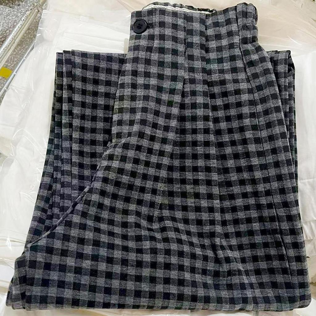 Women's Spring Retro Plaid Wide-Leg Pants - Petite, Loose, Slimming, Straight, Long, Casual