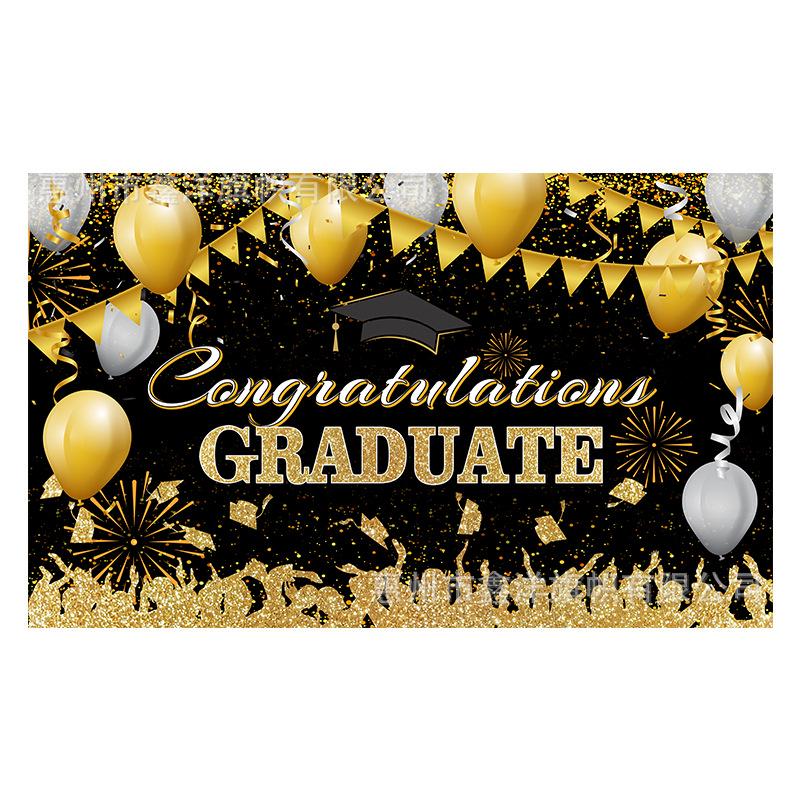 Schwarzes Gold Abschlussbanner mit Luftballons und Abschlussmütze für Zeremonie-Party