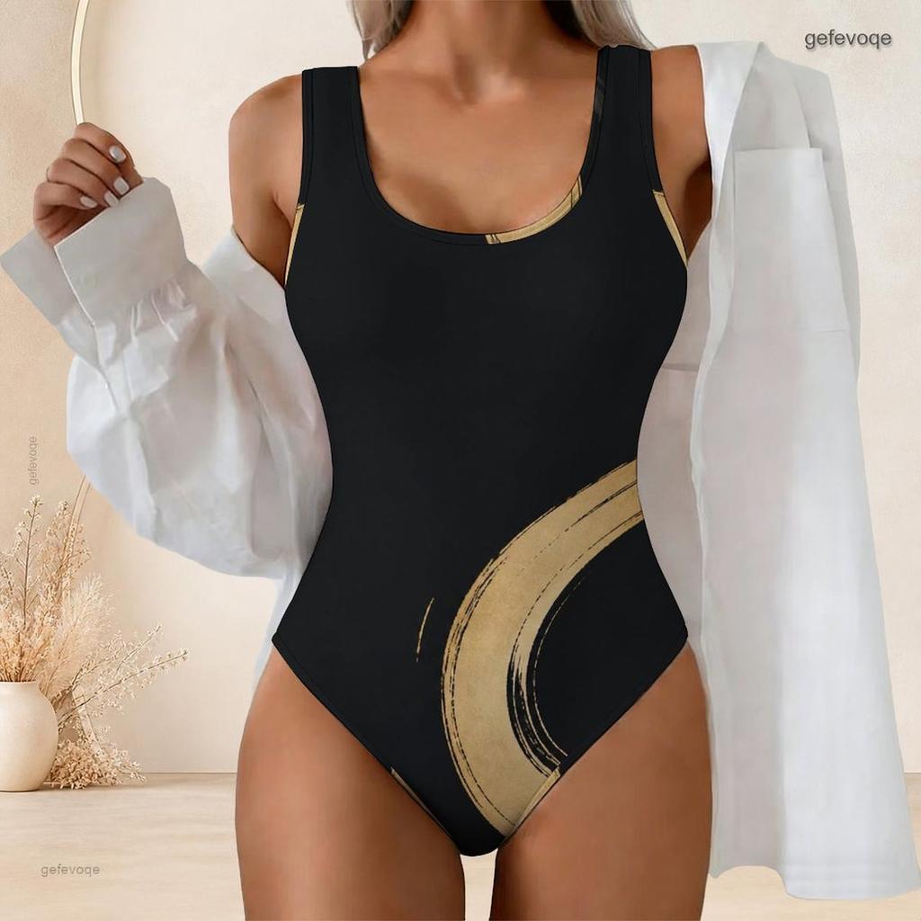 Women Plus Size Black Navy Gold Printed Scoop Neck Wide Straps High Cut One Piece Swimsuit