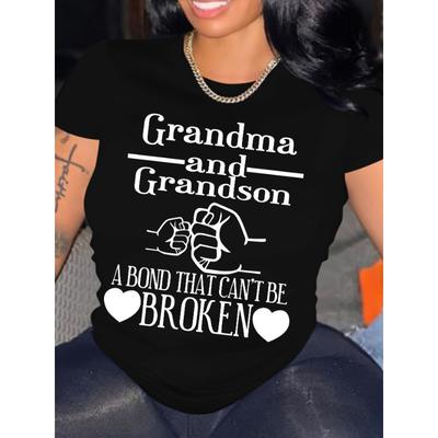 Grandma and Grandson Print Crew Neck T-shirt, Casual Short Sleeve Top for Spring & Summer, Women's Clothing