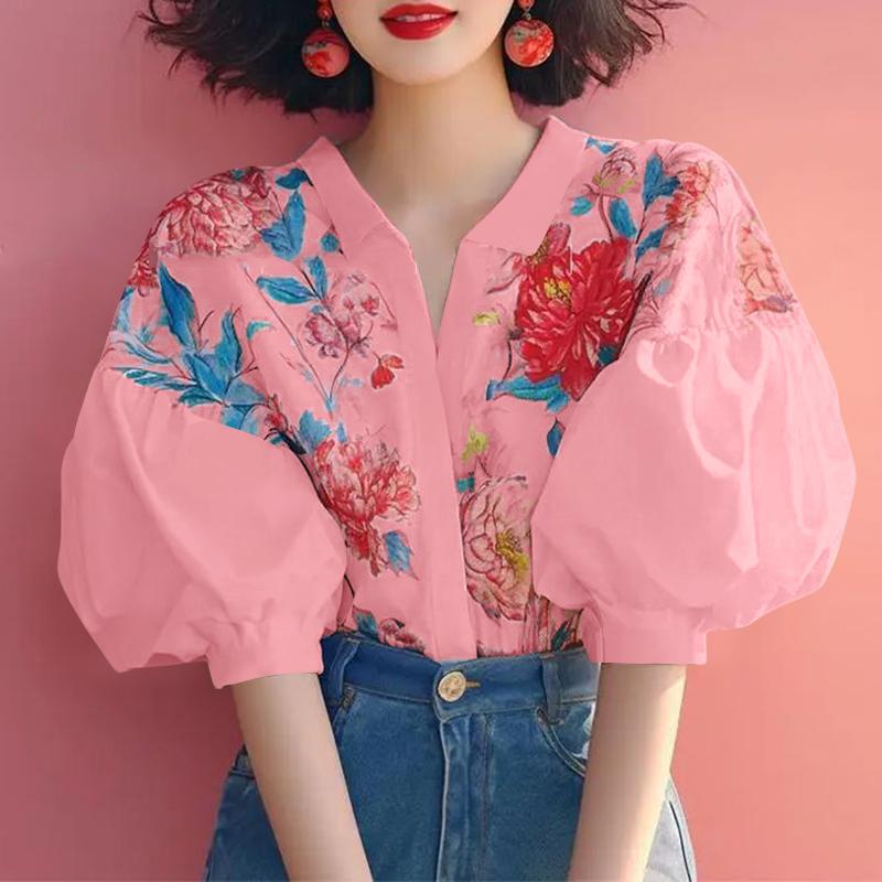 

ZANZEA Women Casual Turn Down Collar Short Sleeve Floral Print Summer Shirts S розовый