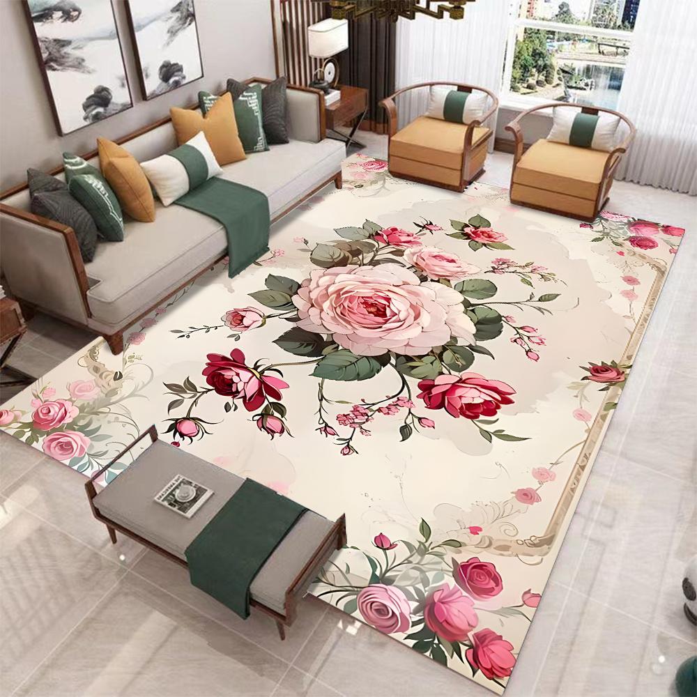 Luxusní vintage koberec s květinovým potiskem, protiskluzová, pratelná v pračce podložka na podlahu pro obývací pokoj, ložnici, kancelářskou dekoraci, pratelný koberec