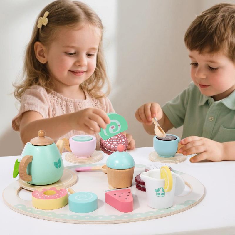 Kids' Pretend Tea Party Set - Wooden Afternoon Tea & Dessert Playset, Educational Montessori Toy for Toddlers & Preschoolers