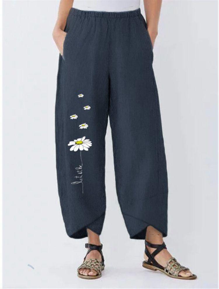 Cotton Linen Women's Cartoon Daisy Print Casual Elastic Waist Pants 3401