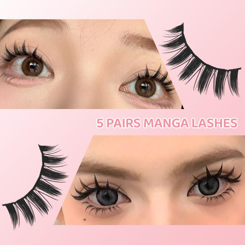 5 Pairs Manga Lashes Eyes Lashes Soft Natural Long Eyelashes Fake Lashes Anime Wispy Strip False Eyelashes Makeup