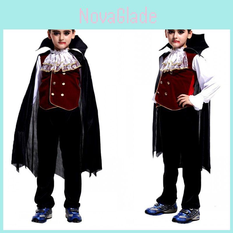 Elegant Black And Red Vampire Costume For Boys With Lace Details And Stand-up Collar