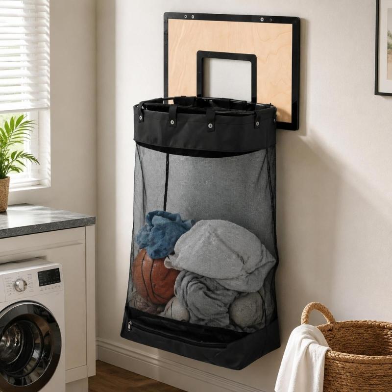 Wall-Mounted Basketball Laundry Hamper with Wood Rear Panel, Folding Steel Toss Frame, Removable Polyester Bag, and Lower Release Opening