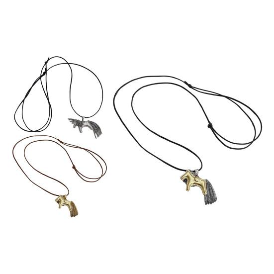 Horse Pendant Necklace Alloy Horse Charm with Tassel Tail Mane with Adjustable Rope Casual Animal Necklace