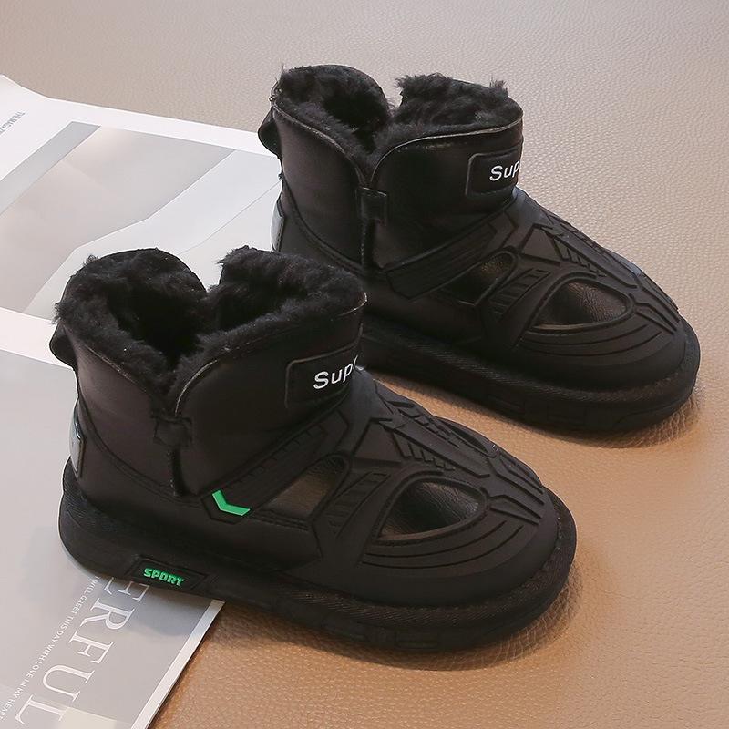 Boys snow boots winter 2025 new fur integrated children's cotton shoes piled thickened cotton boots waterproof winter shoes