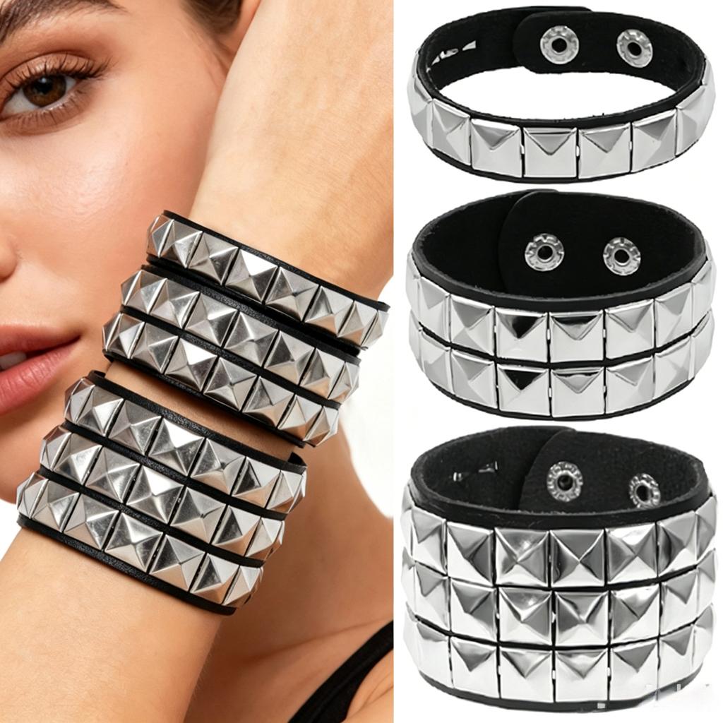 Black Leather Goth Square Washer Rivet Bracelet Cuff Wristband Punk Stainless Steel Bracelets for Armbands Men Women Party Gift
