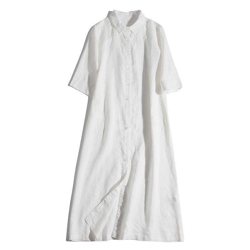 Japanese-Korean Linen Dress: Square Neck, Loose Fit, Shirt Collar, Spring/Summer Collection
