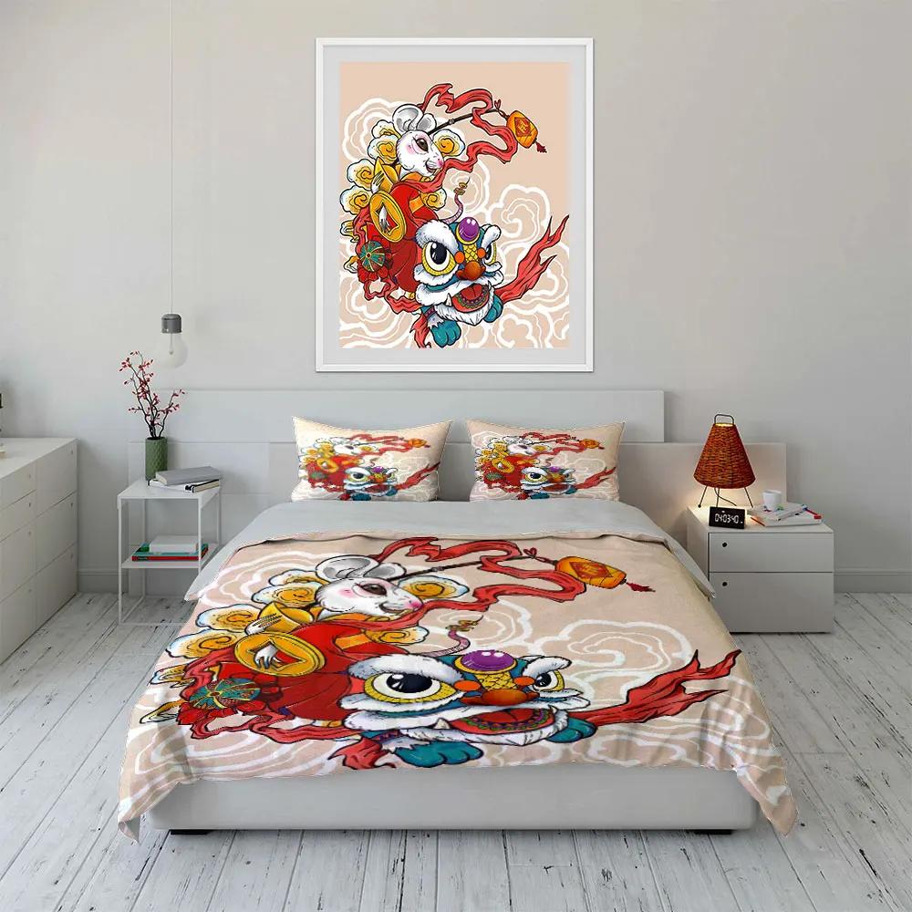 "Festive Lion Dance Decoration Set" Soft Comfortable Duvet Cover Bedding Set Included 1*Duvet Cover & 2*Pillowcases gift
