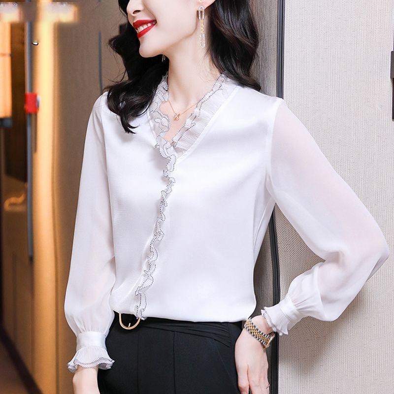 

Элегантная женская шифоновая рубашка корейская блузка офисная кружевная сетка длинный рукав оборки V-образный вырез топы повседневные винтажные пуловеры блузы XXXXL
