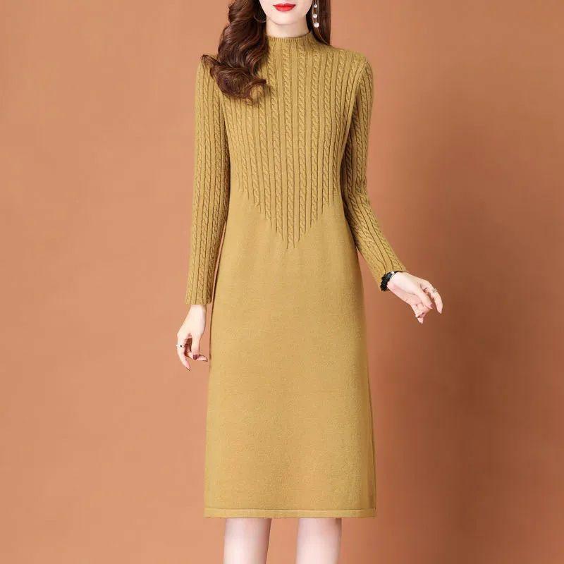Womens Knit Midi Dress Winter Half Turtleneck A-Line Sweater Slim Fit Layering Under Coat